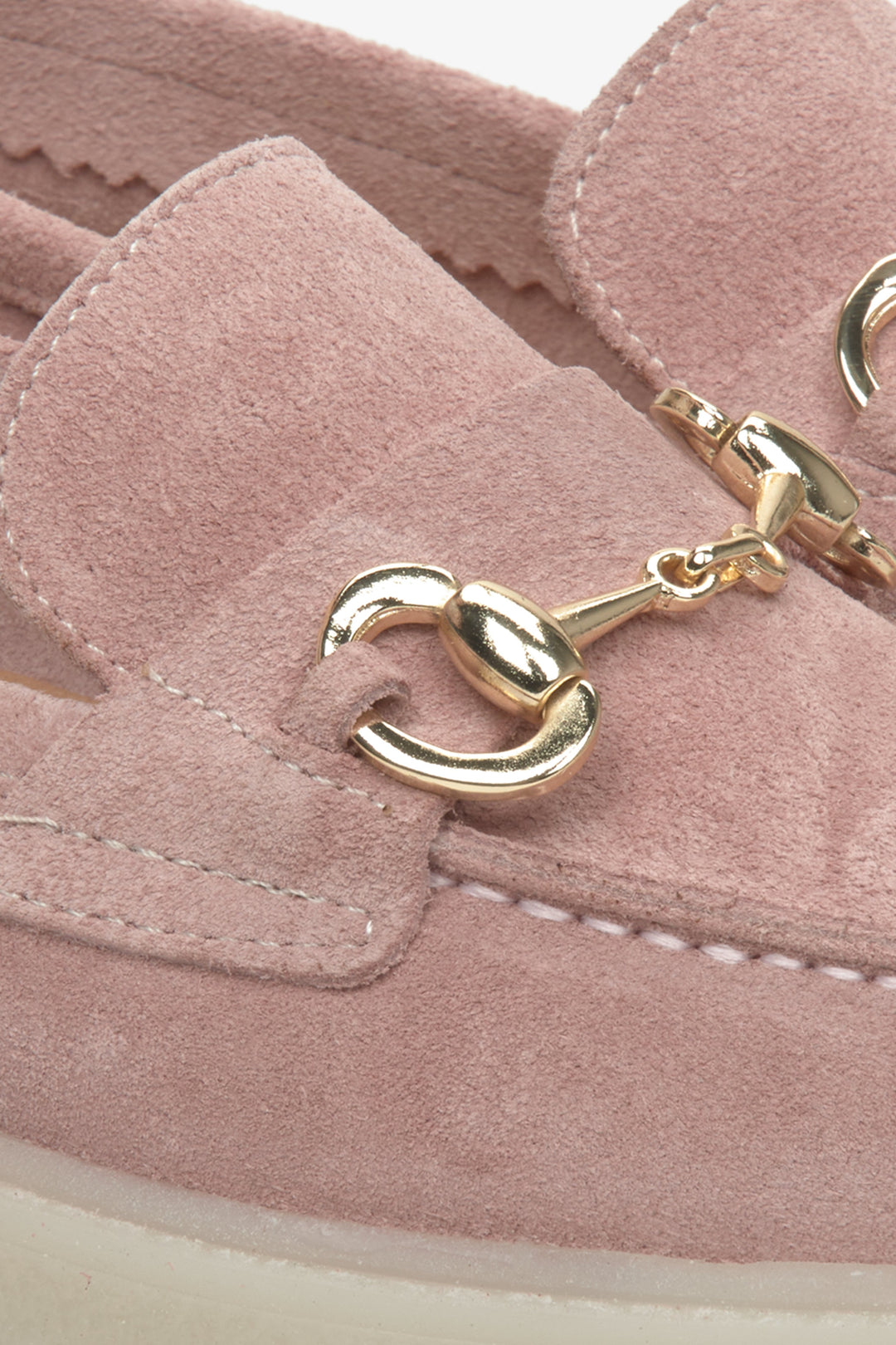 Estro light pink women's loafers with gold buckle - close up on details.