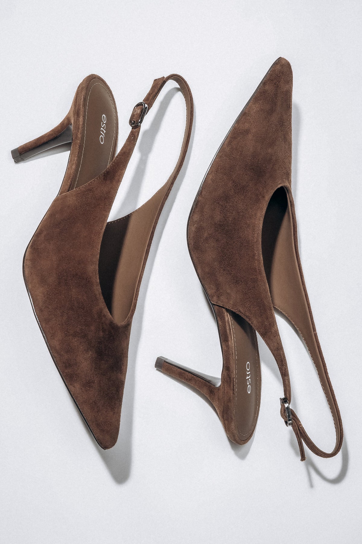 Profile view of women's dark brown velour slingback heel by Estro