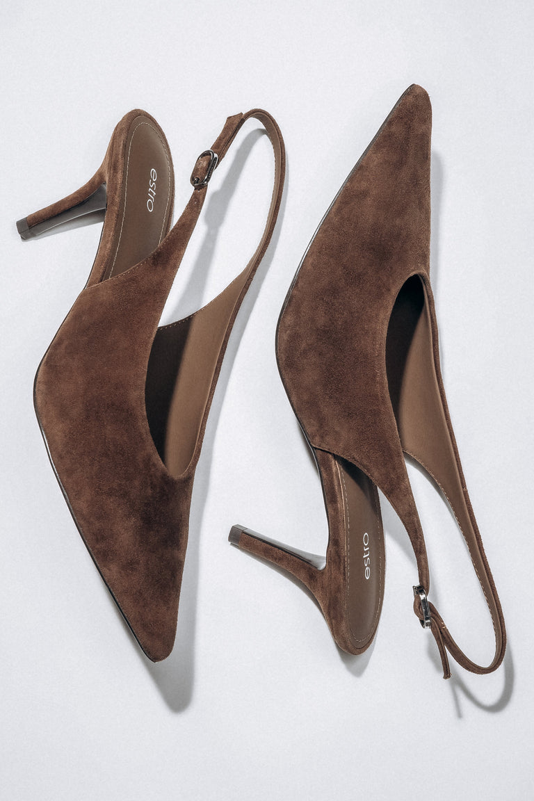 Profile view of women's dark brown velour slingback heel by Estro