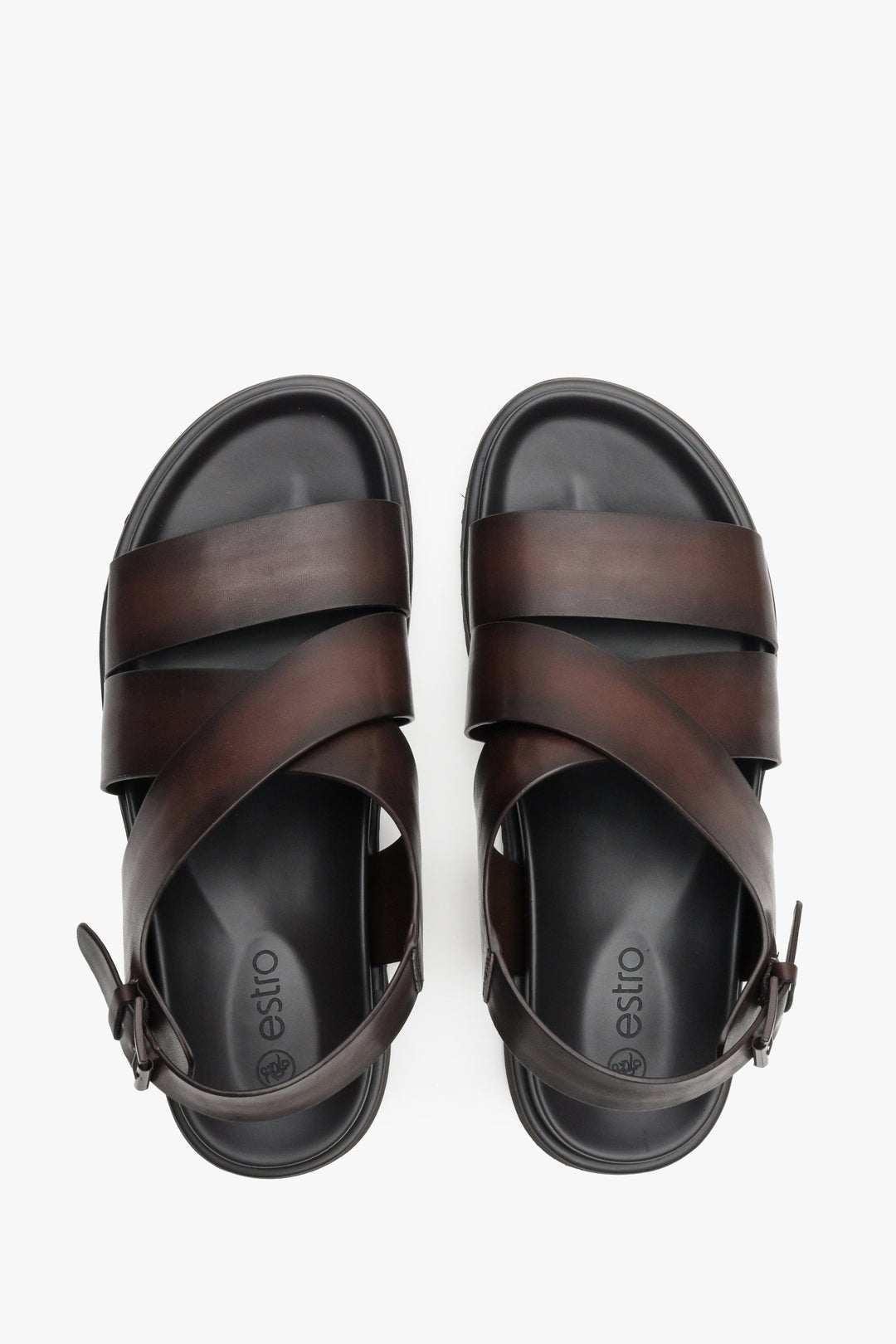 Men's brown leather sandals by Estro - top view model presentation.