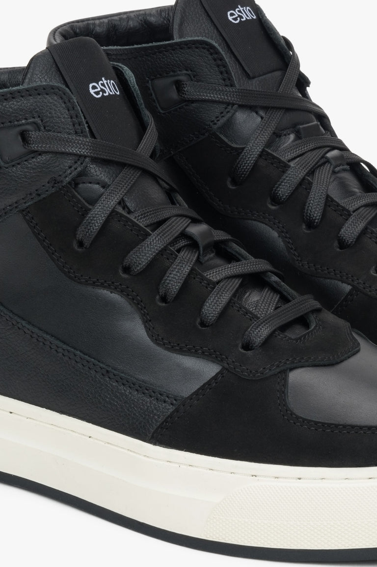 Italian leather and nubuck, high-top black men's sneakers with insulation by Estro.