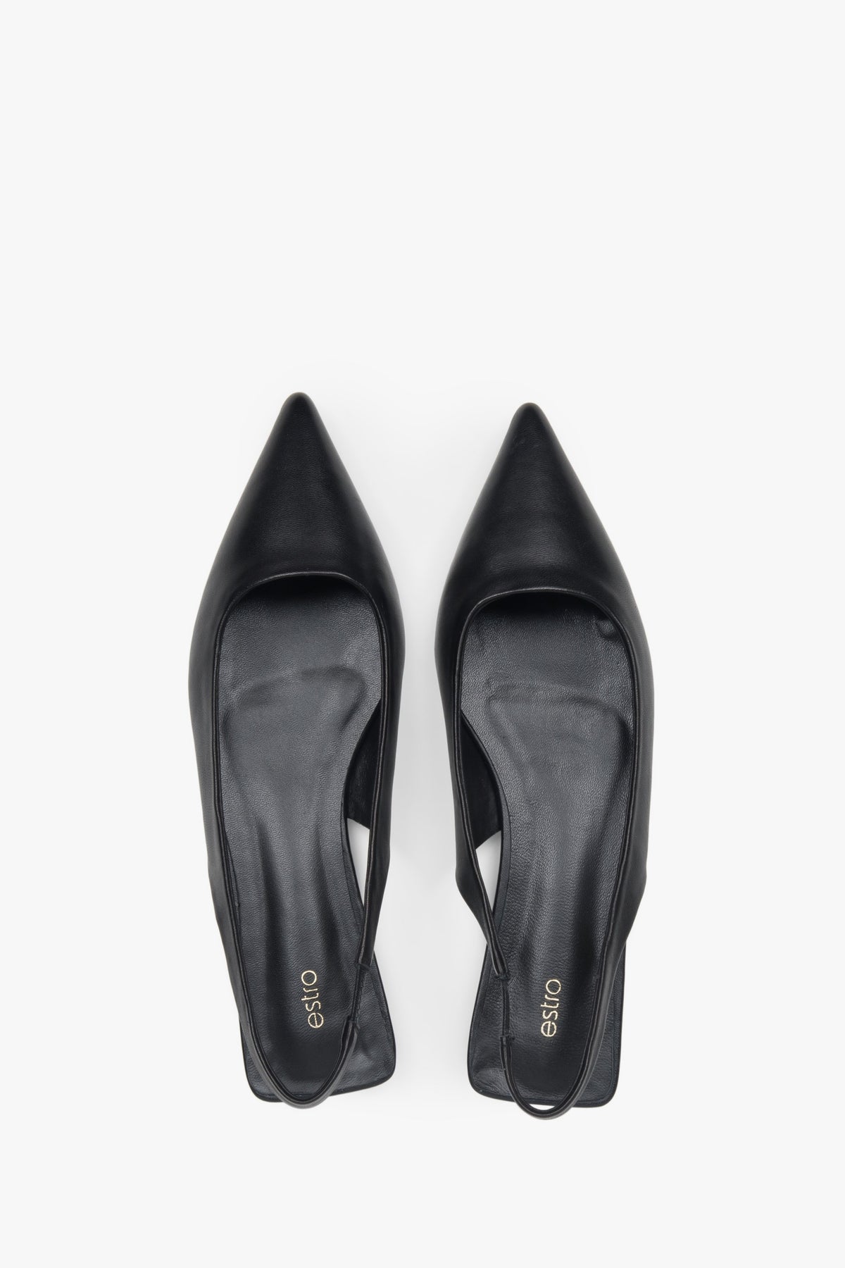 Elegant women's black slingback sandals with a pointed toe and flat heel.