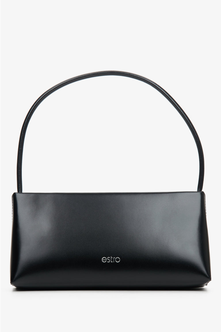 Women's black leather handbag.