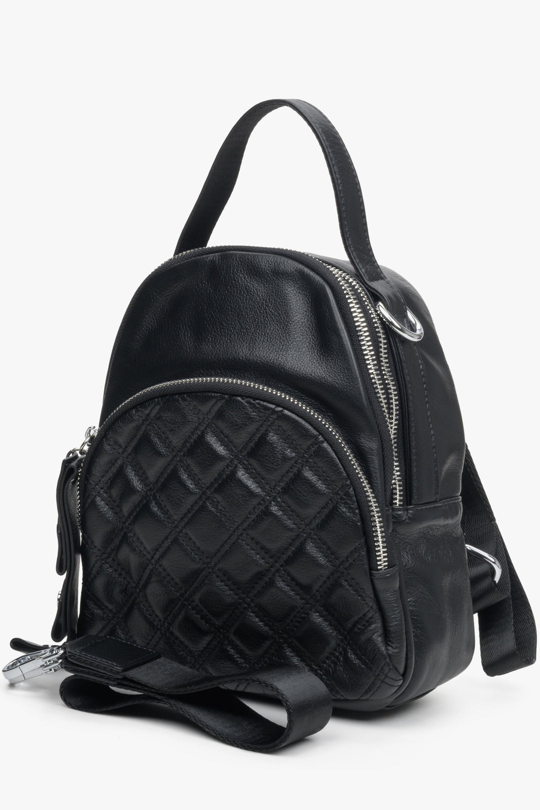 Small, urban women's black backpack by Estro, perfect for fall - front view of the model.