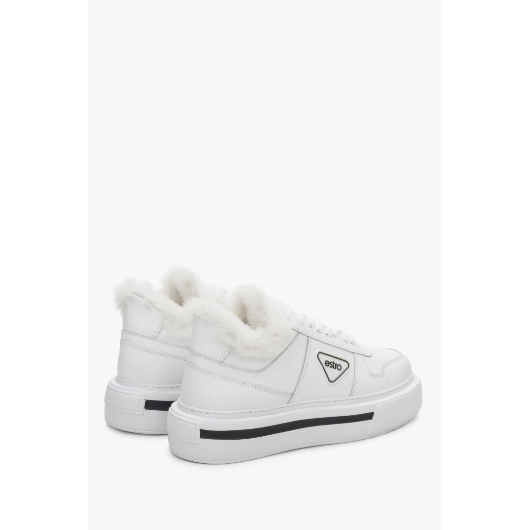 White insulated women's sneakers made from genuine leather with fur lining.