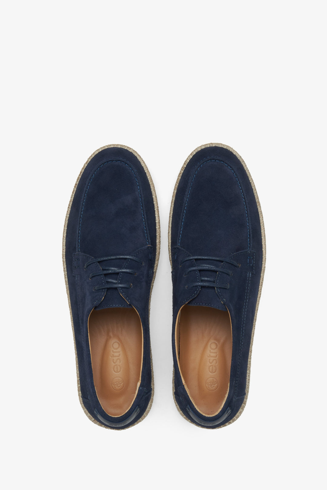 Estro navy blue lace-up men's moccasins - top view presentation of the model.