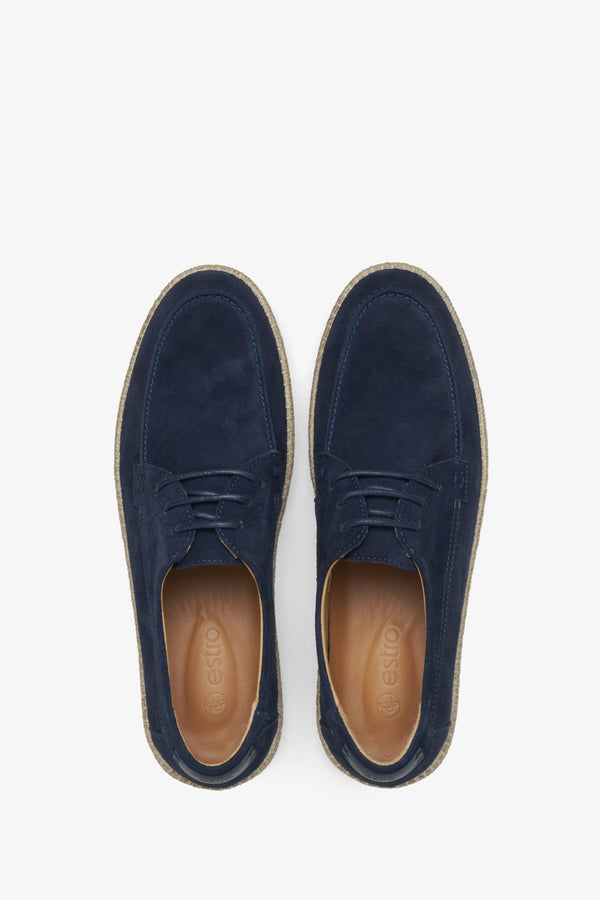 Estro navy blue lace-up men's moccasins - top view presentation of the model.