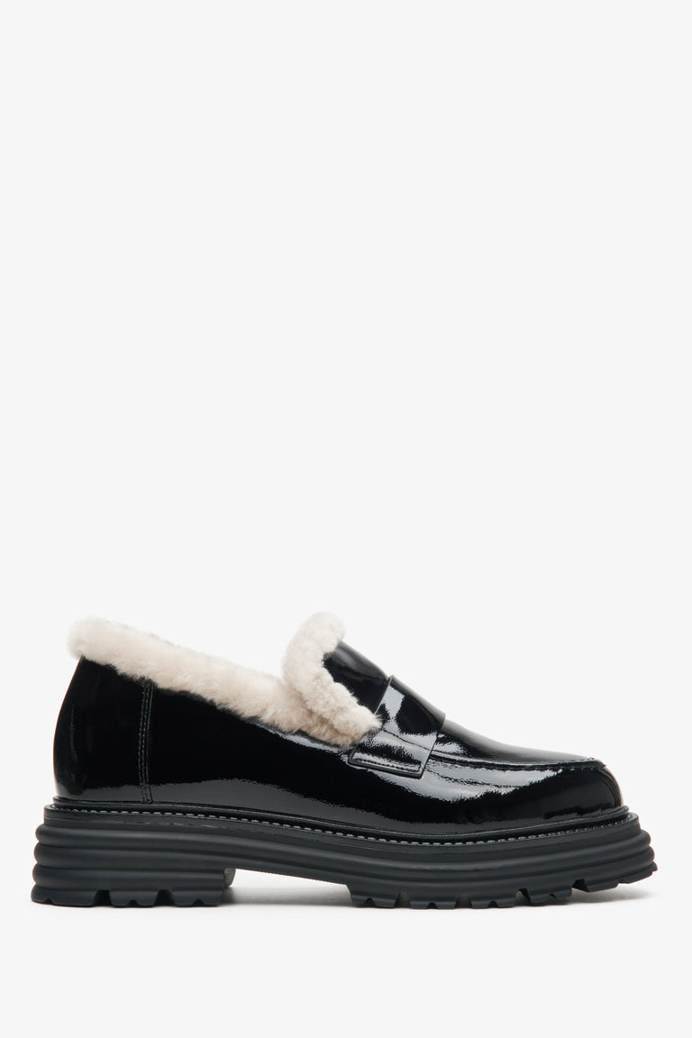 Women's Black Winter Moccasins made of Patent Genuine Leather Estro ER00114213.