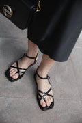 Women's Black Leather Sandals with Thin Cross Straps Estro ER00115135.