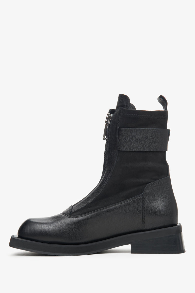 Women's black leather ankle boots with elastic upper by Estro - boot profile.