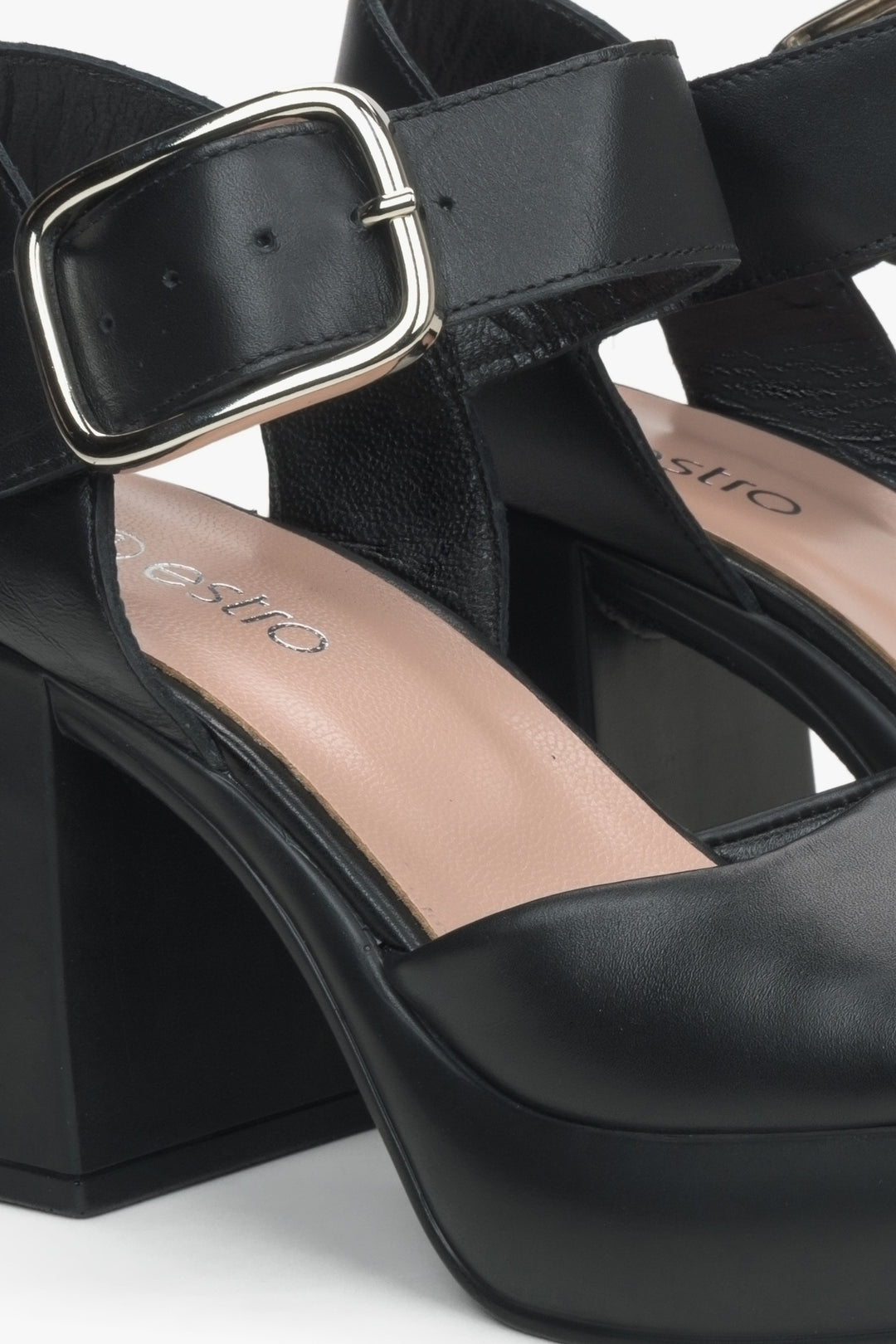 Women's black sandals with a stable heel by Estro - close-up on the detail.