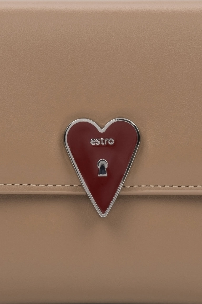 Stylish Women's Beige Wallet with a Heart-Shaped Clip by Estro - details. 