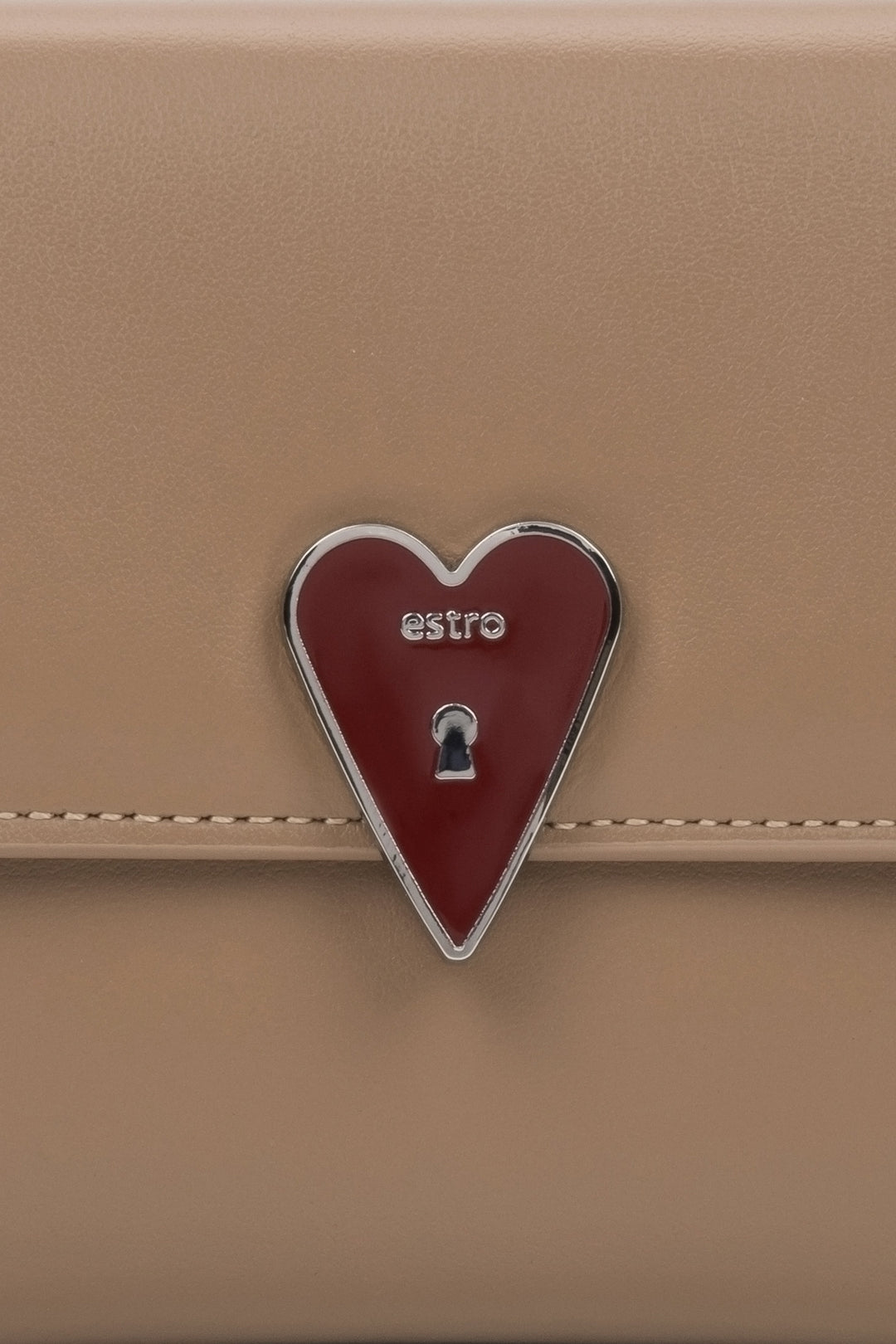 Stylish Women's Beige Wallet with a Heart-Shaped Clip by Estro - details. 