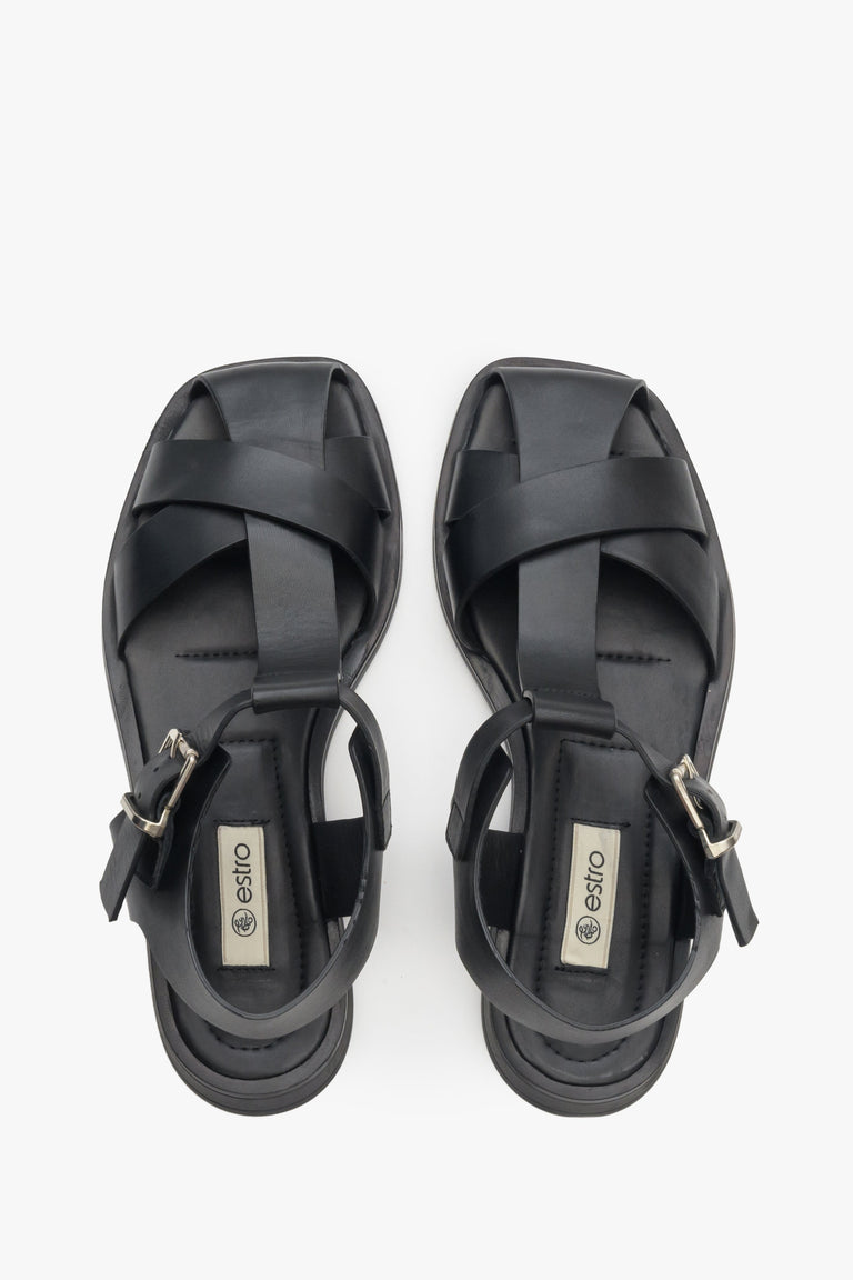 Women's black strappy sandals by Estro - presentation from above.