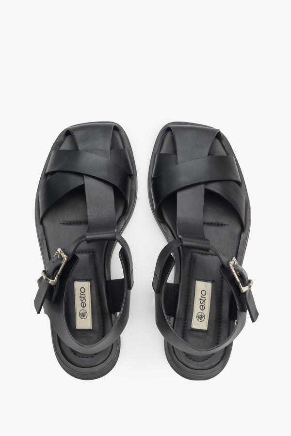 Women's black strappy sandals by Estro - presentation from above.