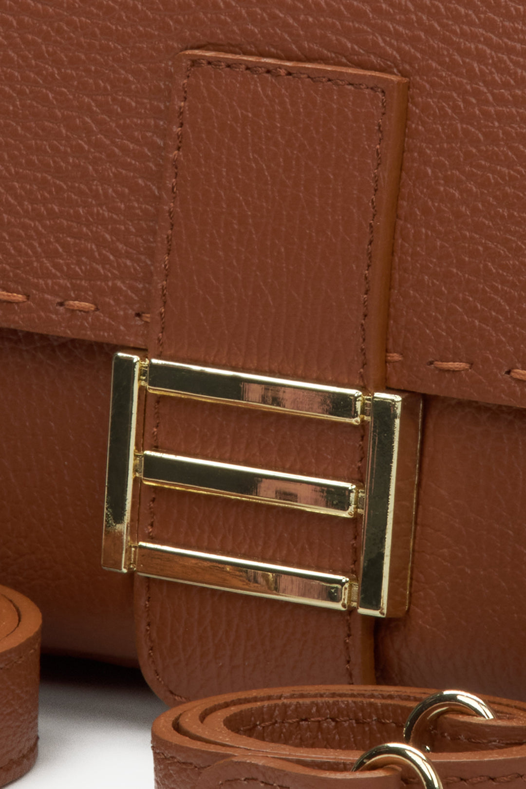 Women's handbag made of Italian genuine brown leather with golden hardware - close-up on detail.