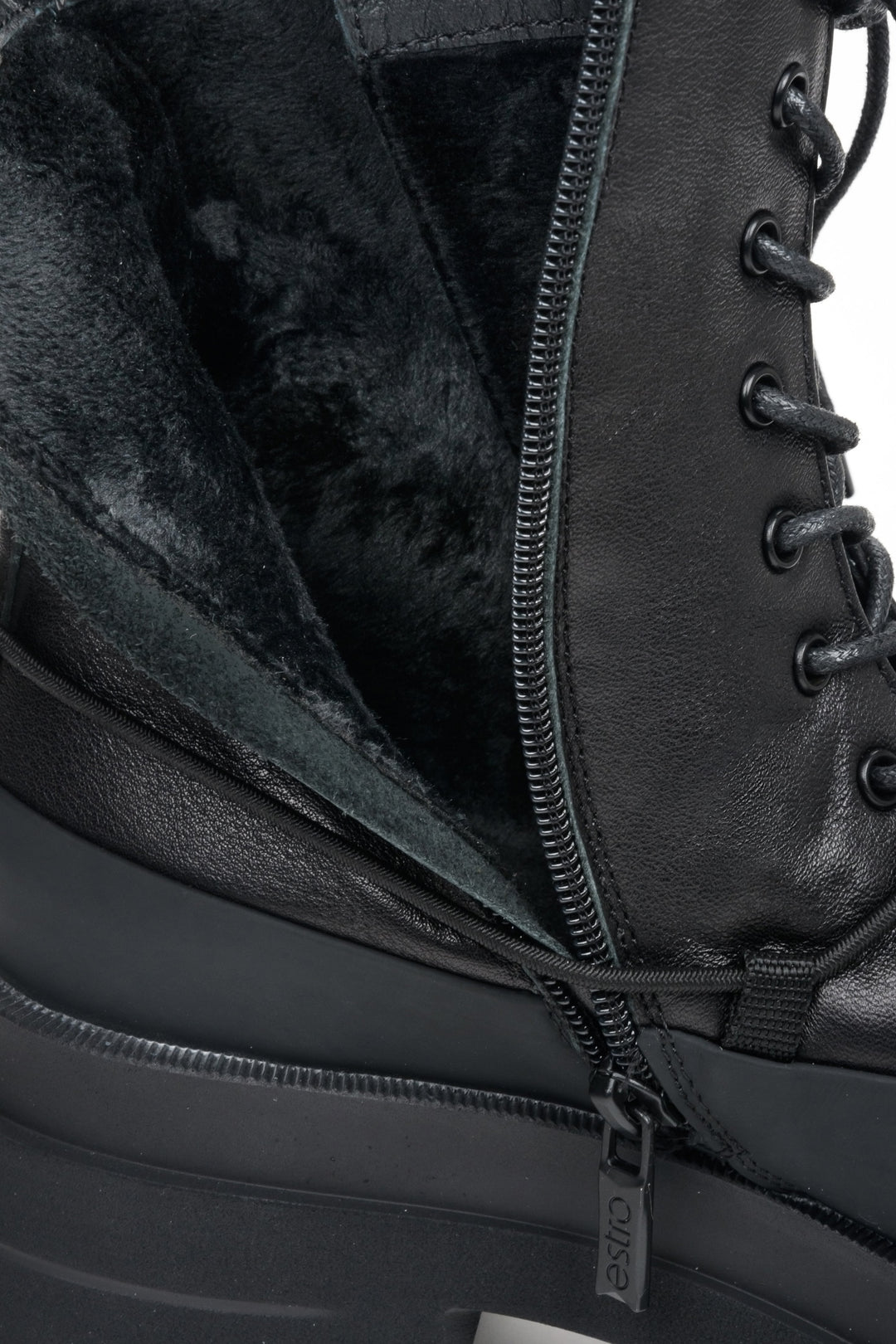 Black women's boots made of natural leather by Estro - close-up on the soft, warm insole.