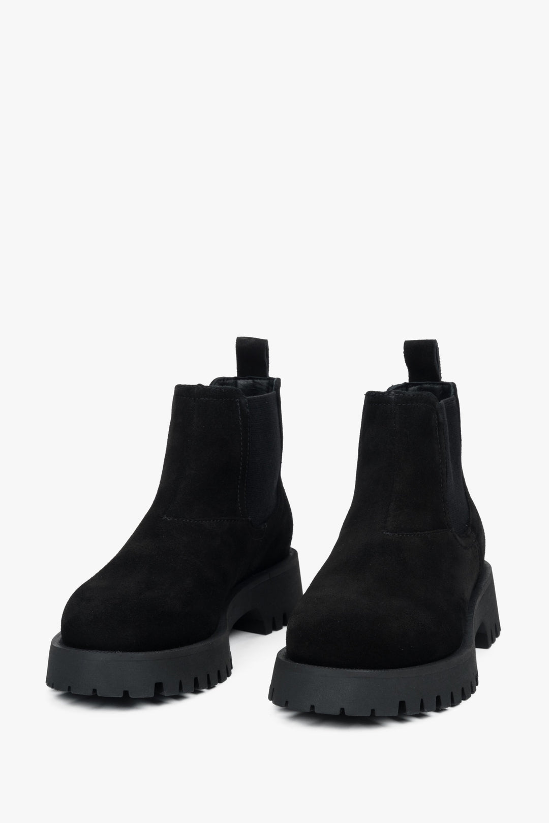 Women's black chelsea boots by Estro made of genuine velour - front presentation of the model.