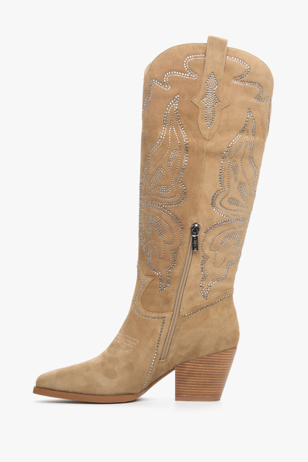 Velour light beige women's cowboy boots by Estro - shoe profile.