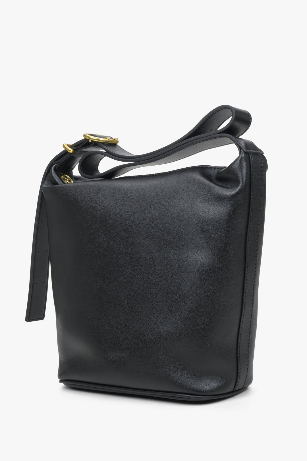 Black leather bucket style bag by Estro.