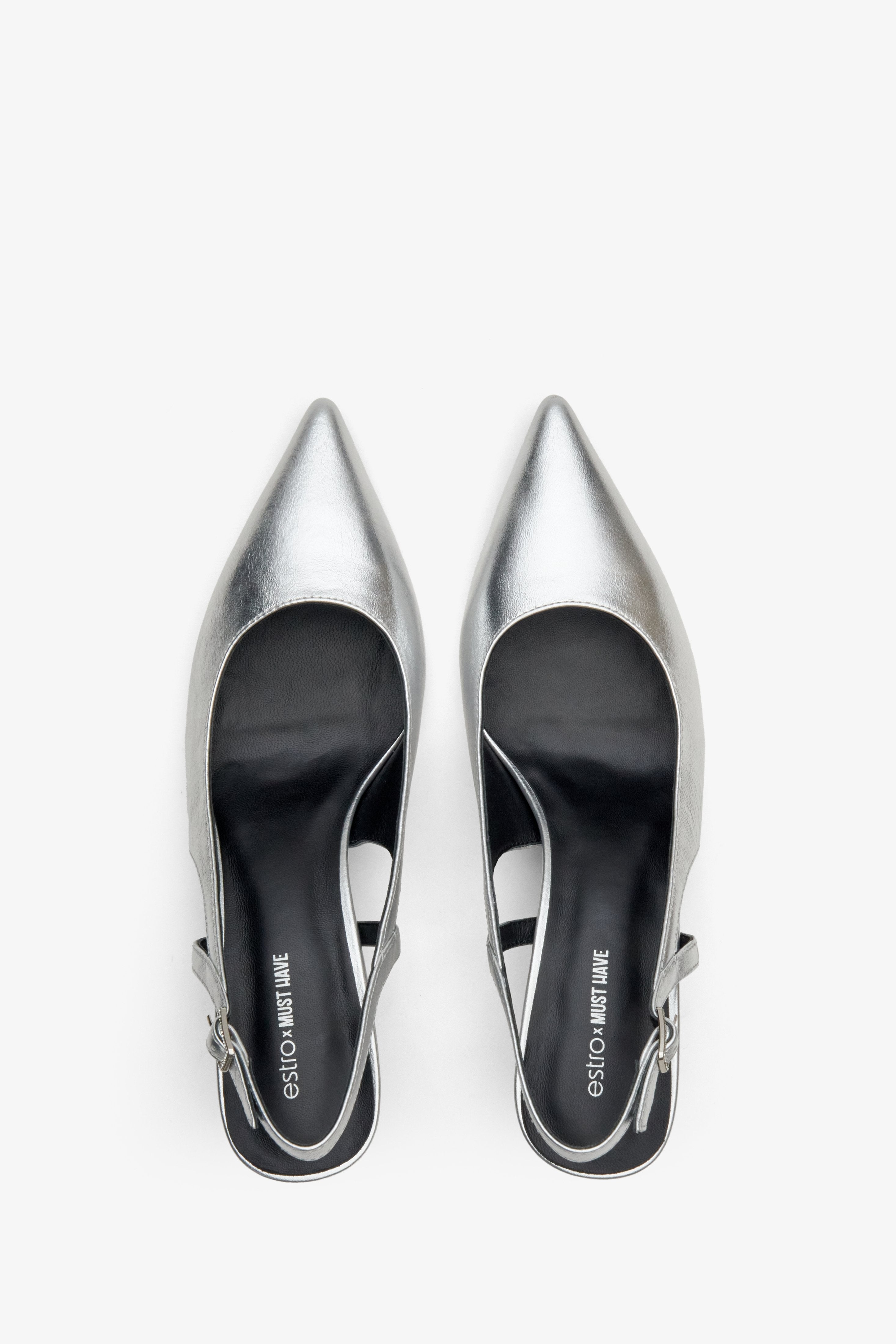 Estro x MustHave silver leather slingback pumps - top view presentation of the footwear.