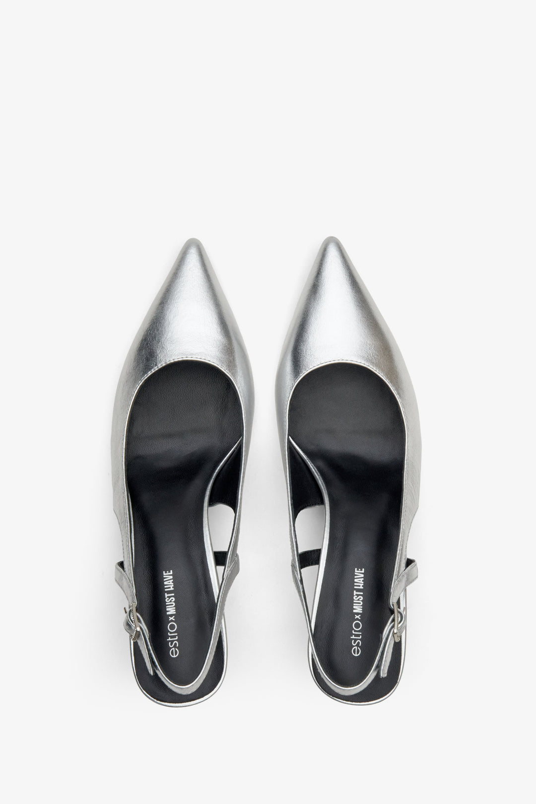 Estro x MustHave silver leather slingback pumps - top view presentation of the footwear.