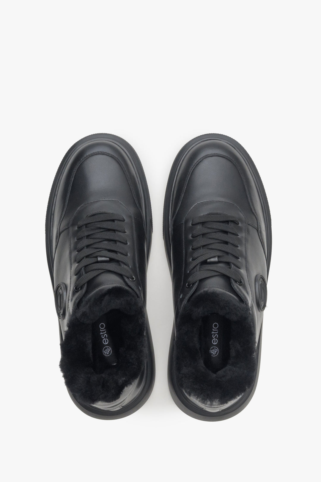 Women's black leather winter sneakers, high-topped.