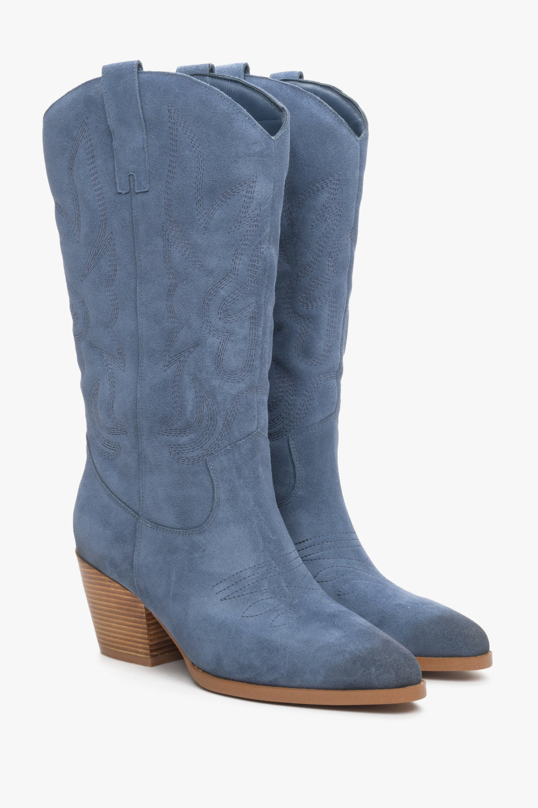 Women's high blue cowboy boots made of genuine velour by Estro.