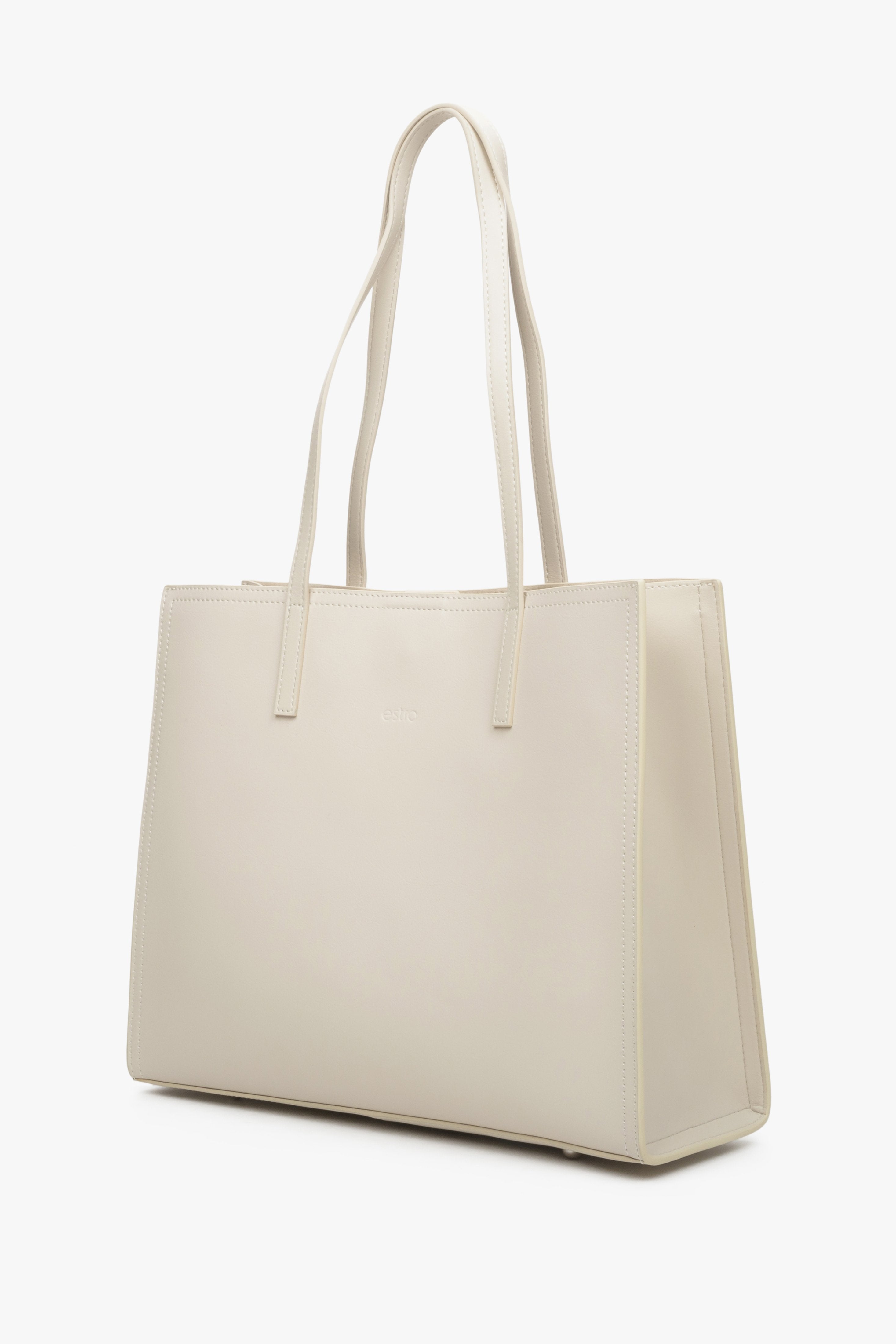 Women's Light Beige Shopper Bag made of Genuine Leather Estro ER00113772