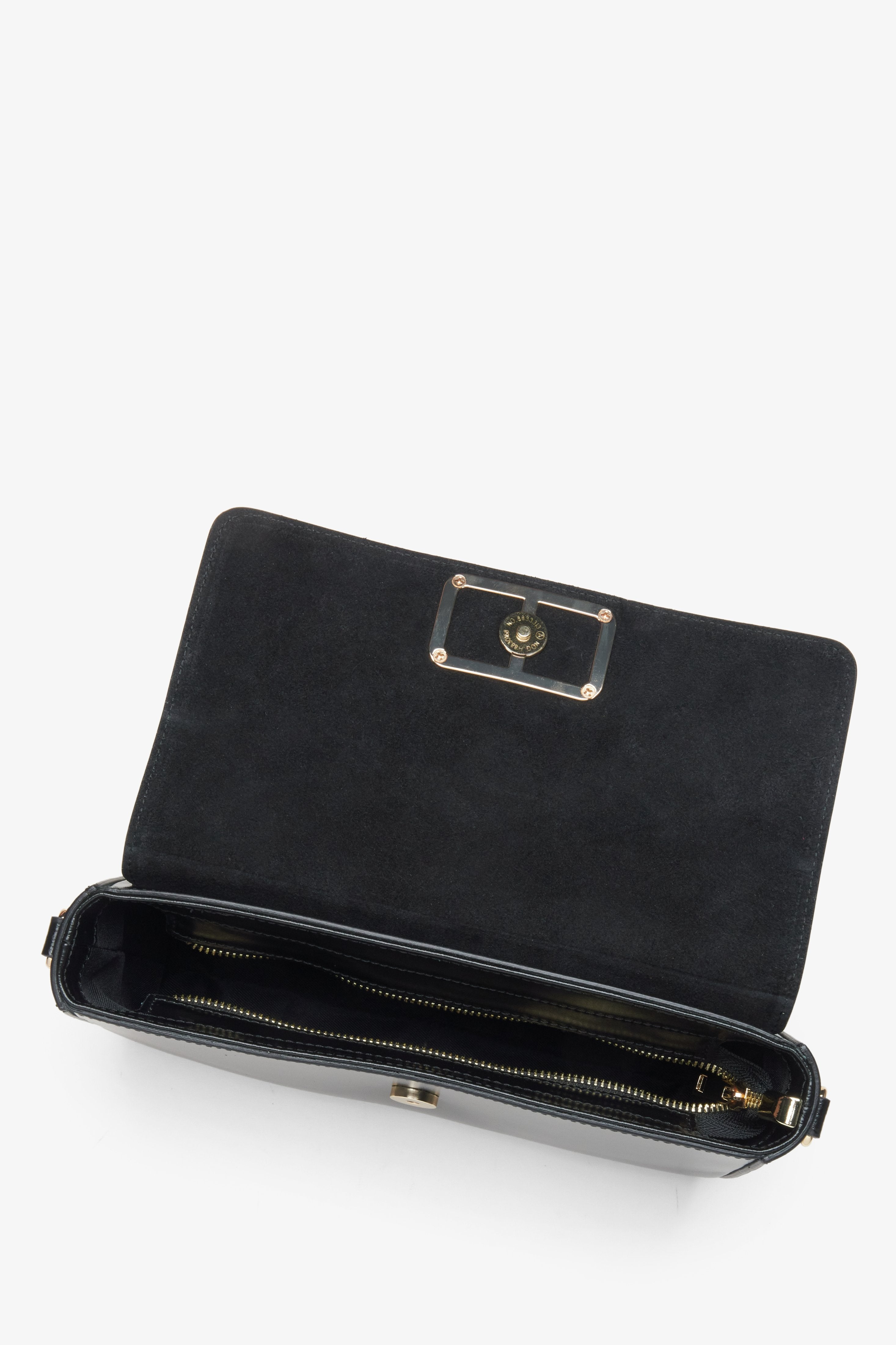 Small women's handbag in black, designed in the baguette style.