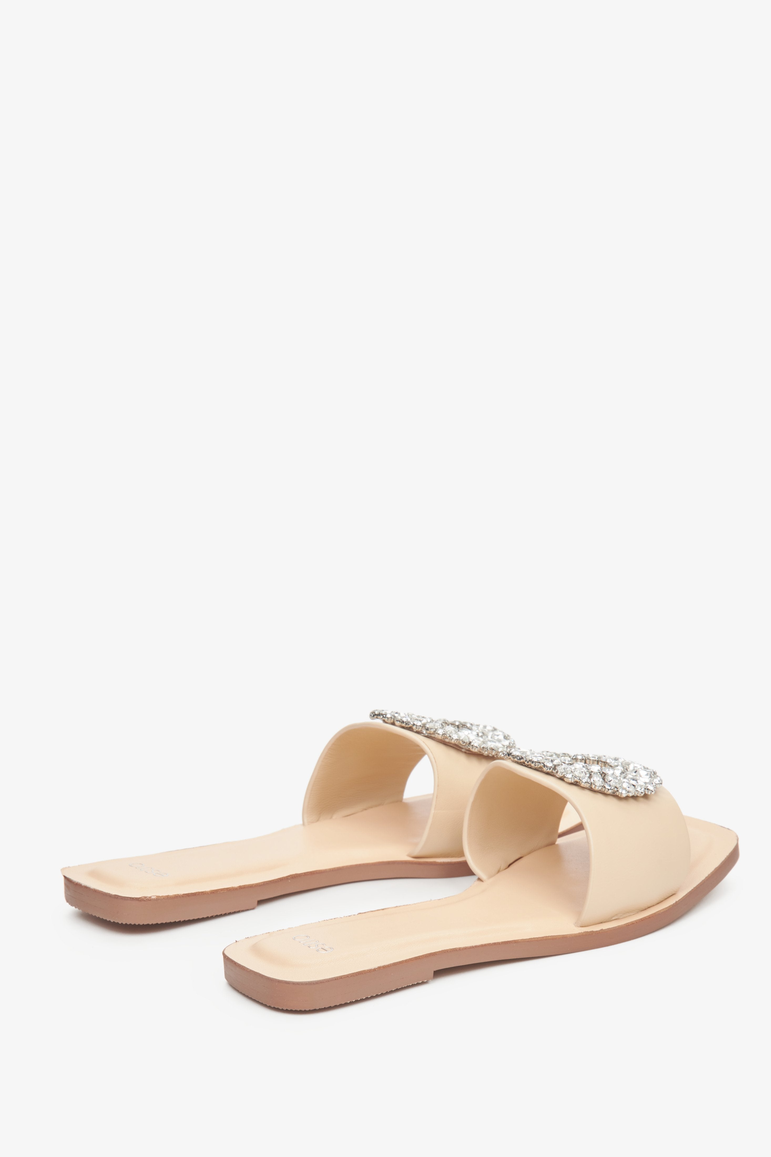 Women's sand beige flat slide sandals with zirconias Estro.