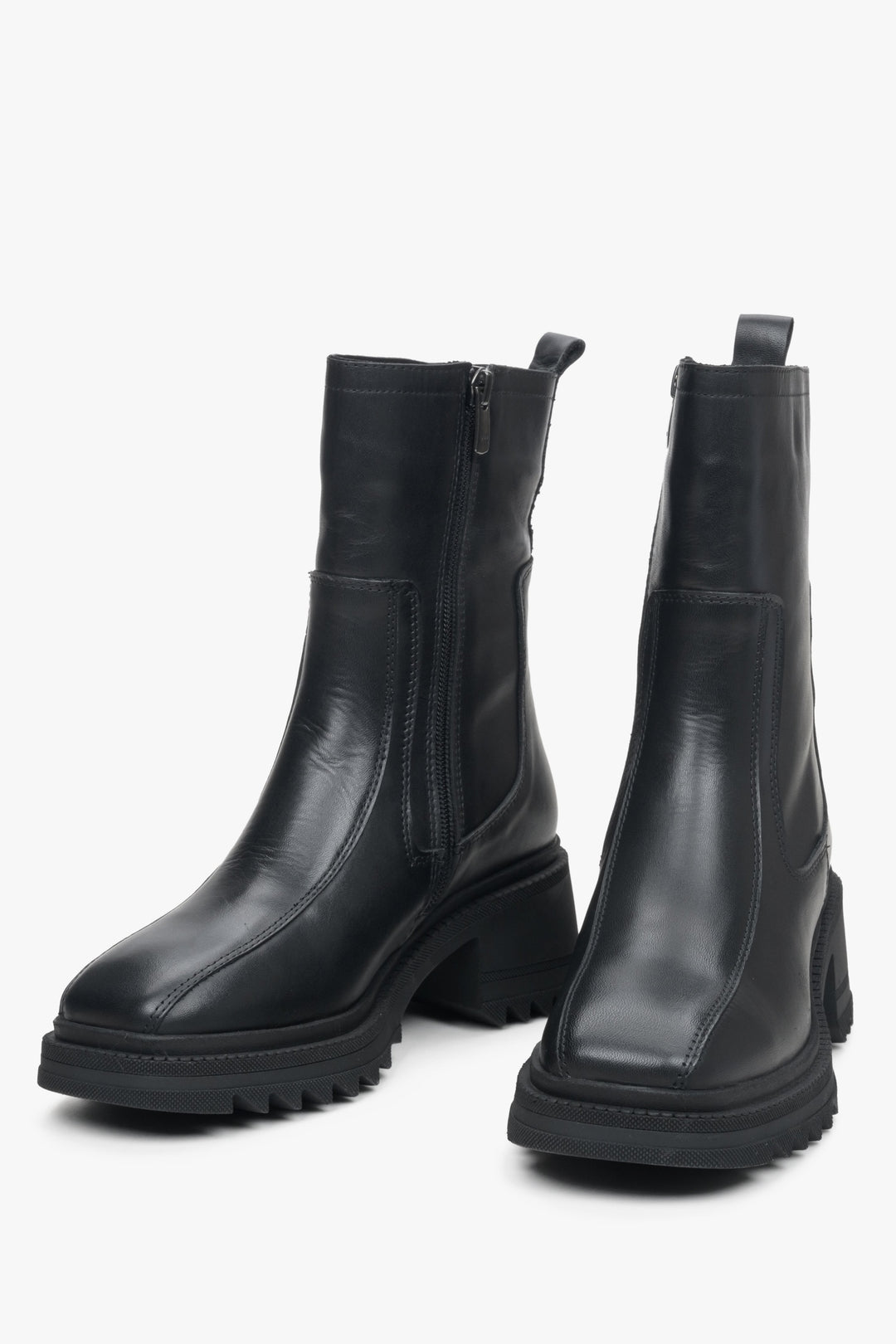 Women's black leather boots by Estro - close-up on the front of the model.