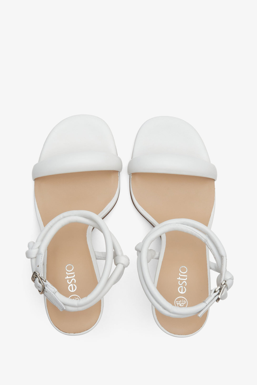 Women's white leather strappy sandals of Estro brand - presentation from above.