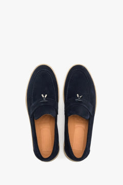 Estro men's navy blue fall loafers made of genuine velour - top view shoe presentation.