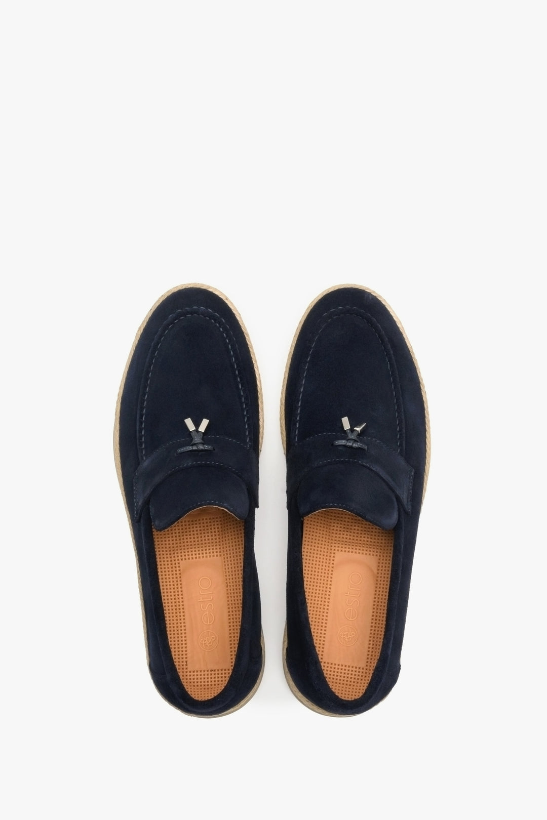 Estro men's navy blue fall loafers made of genuine velour - top view shoe presentation.