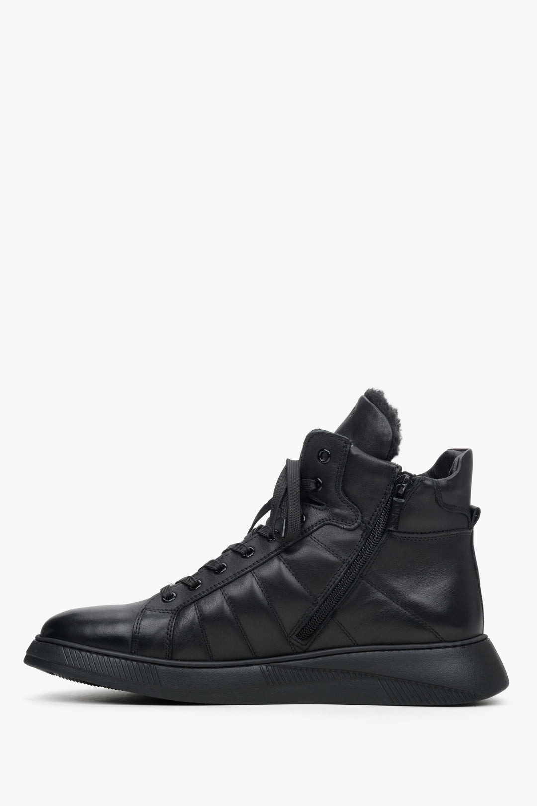 Men's black leather high-top sneakers by Estro - close-up on the profile of the shoe.