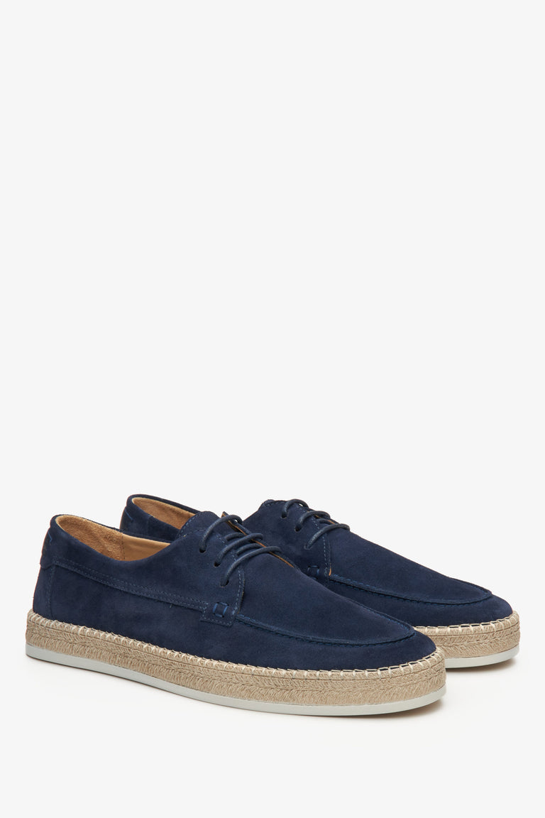 Estro navy blue lace-up men's moccasins made of genuine velour.