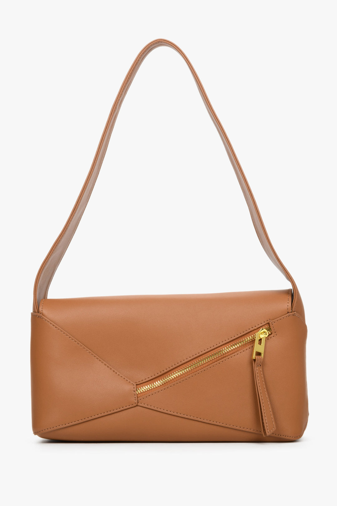 Women's brown handbag made of genuine leather by Estro - front view presentation.