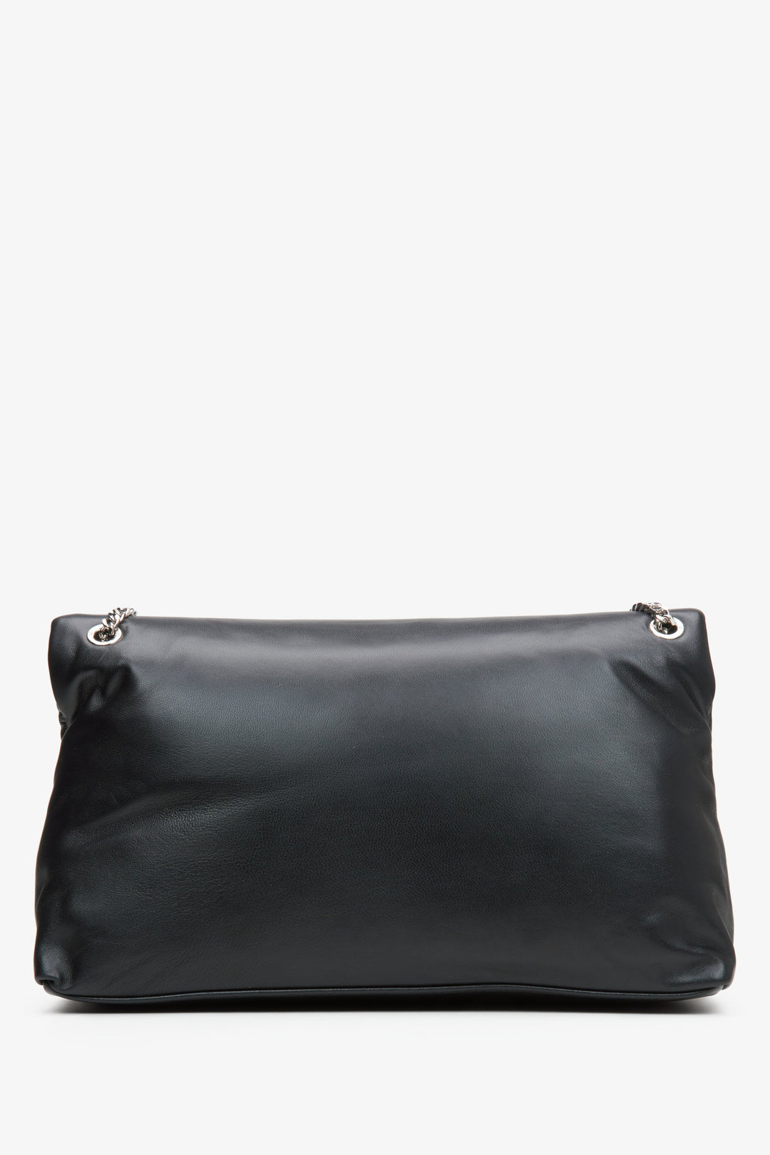 Compact women's black handbag with a chain strap - back side.