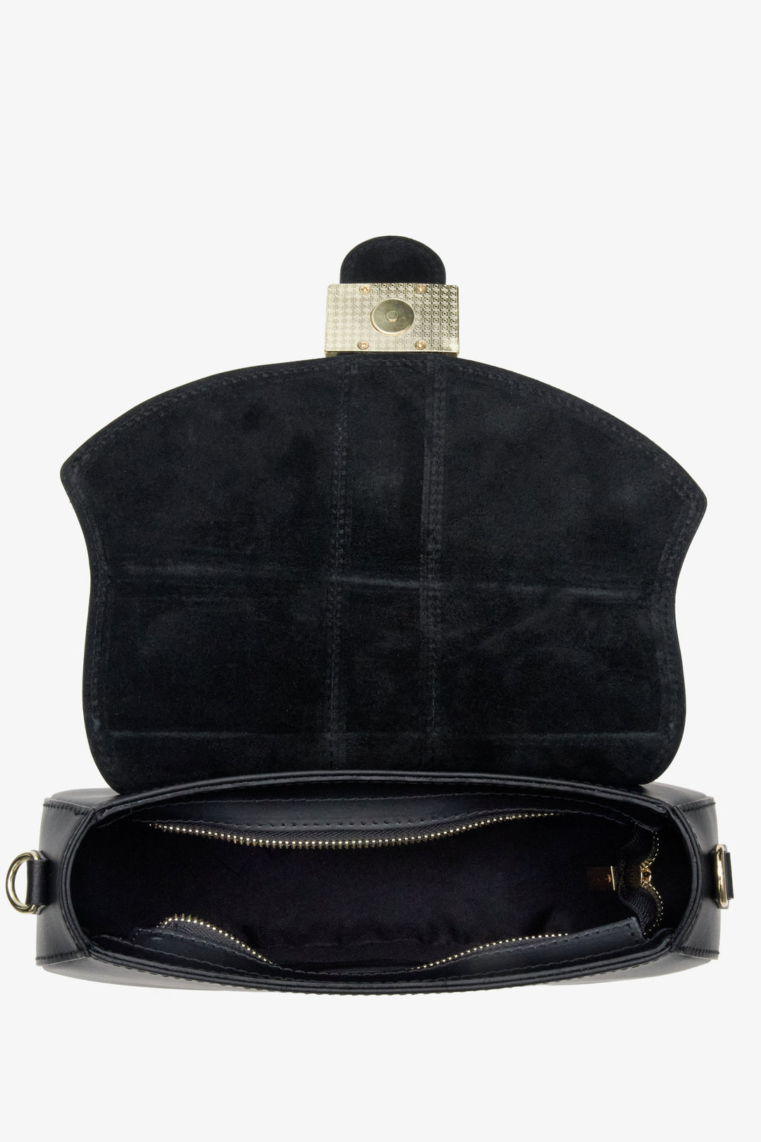 Women's horseshoe-shaped handbag in black by Estro - interior of the model.