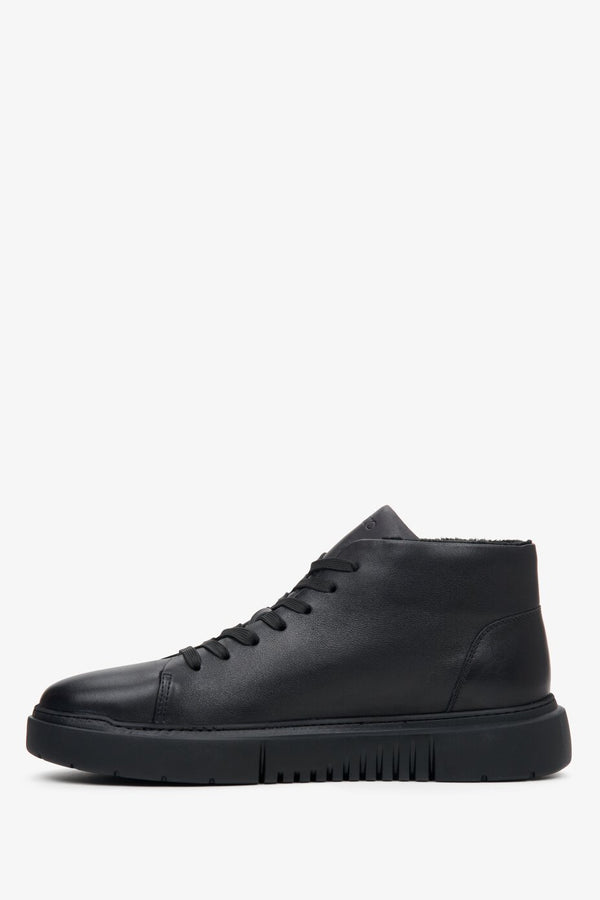 High-top men's black leather sneakers for fall - shoe profile.