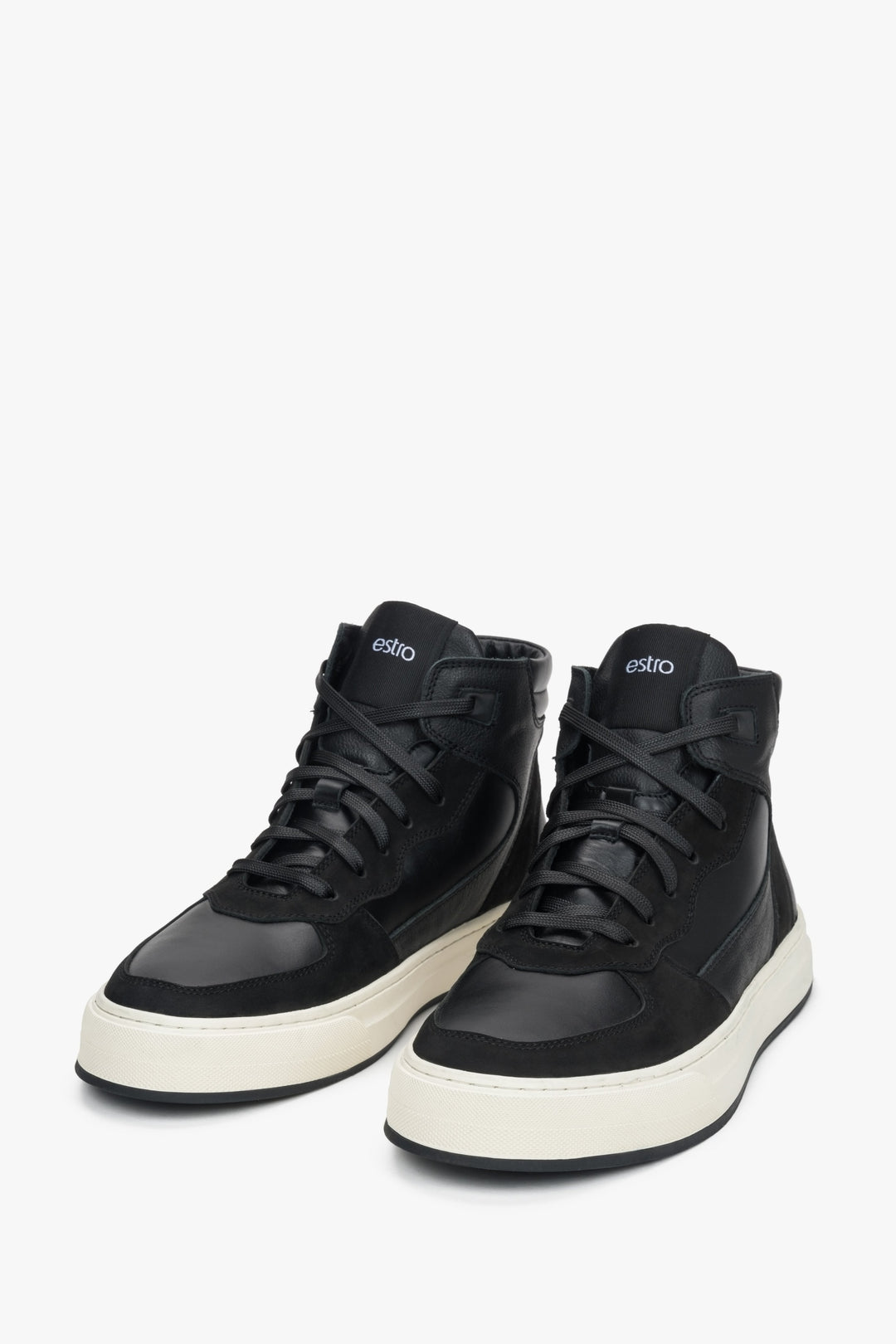 High-top black men's sneakers made of nubuck and Italian leather with insulation by Estro.