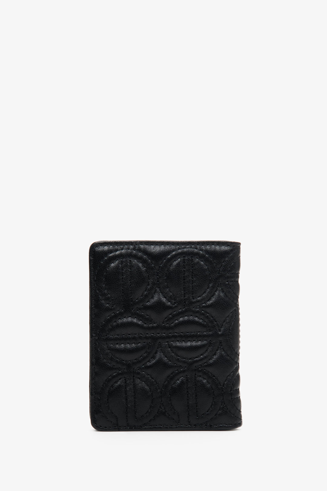Small women's black card leather wallet by Estro with embossed logo.