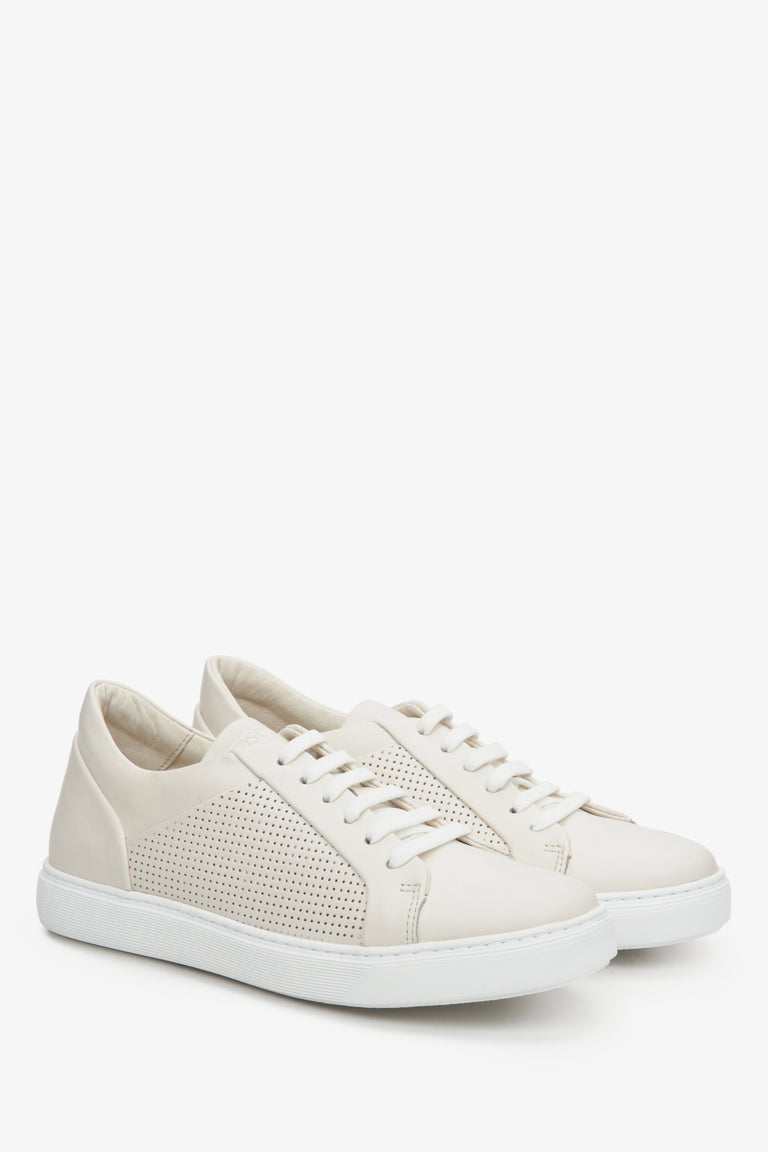 Women's beige sneakers made of genuine leather with perforation by Estro.