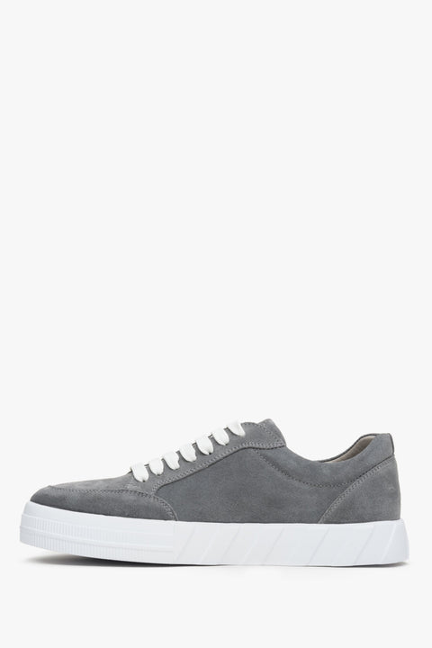 Men's grey velour sneakers by Estro for fall- shoe profile.