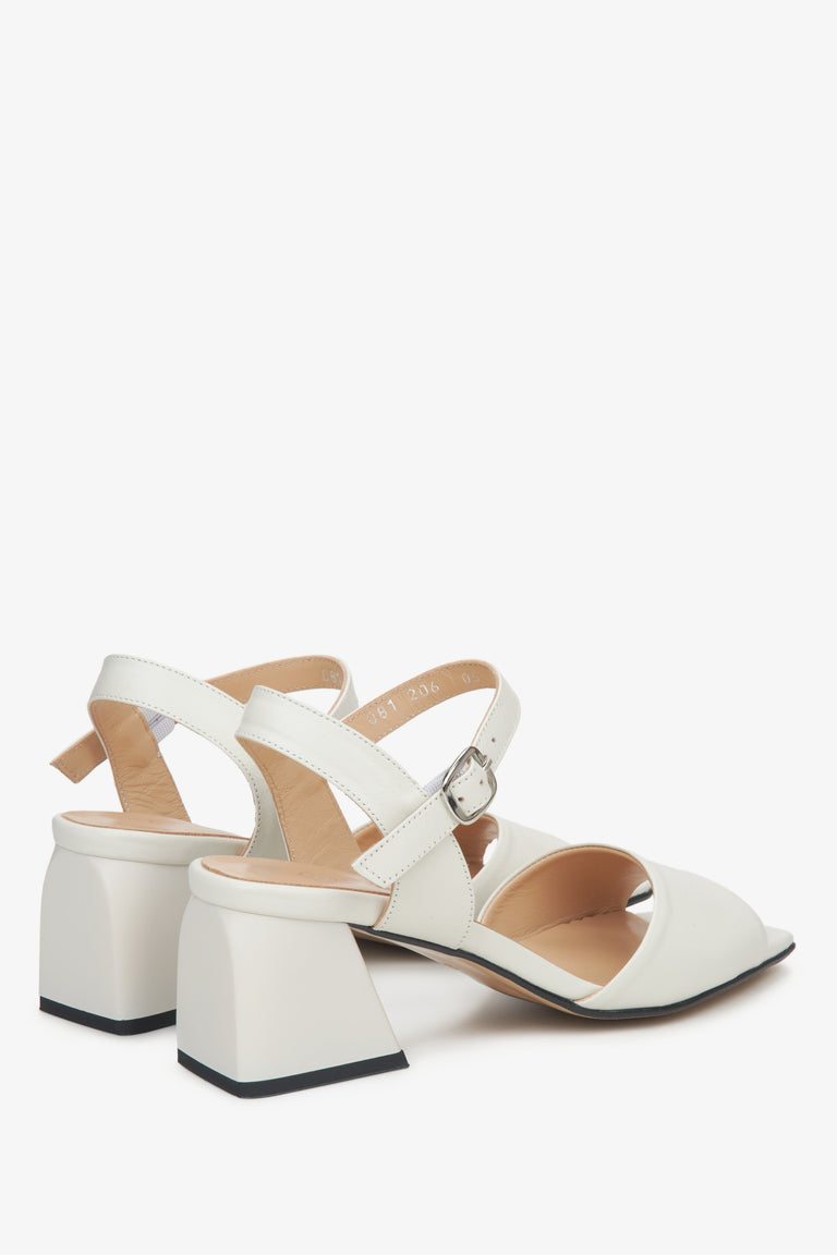 Women's cream beige leather sandals by Estro - close-up on the block heel and side profile of the shoes.