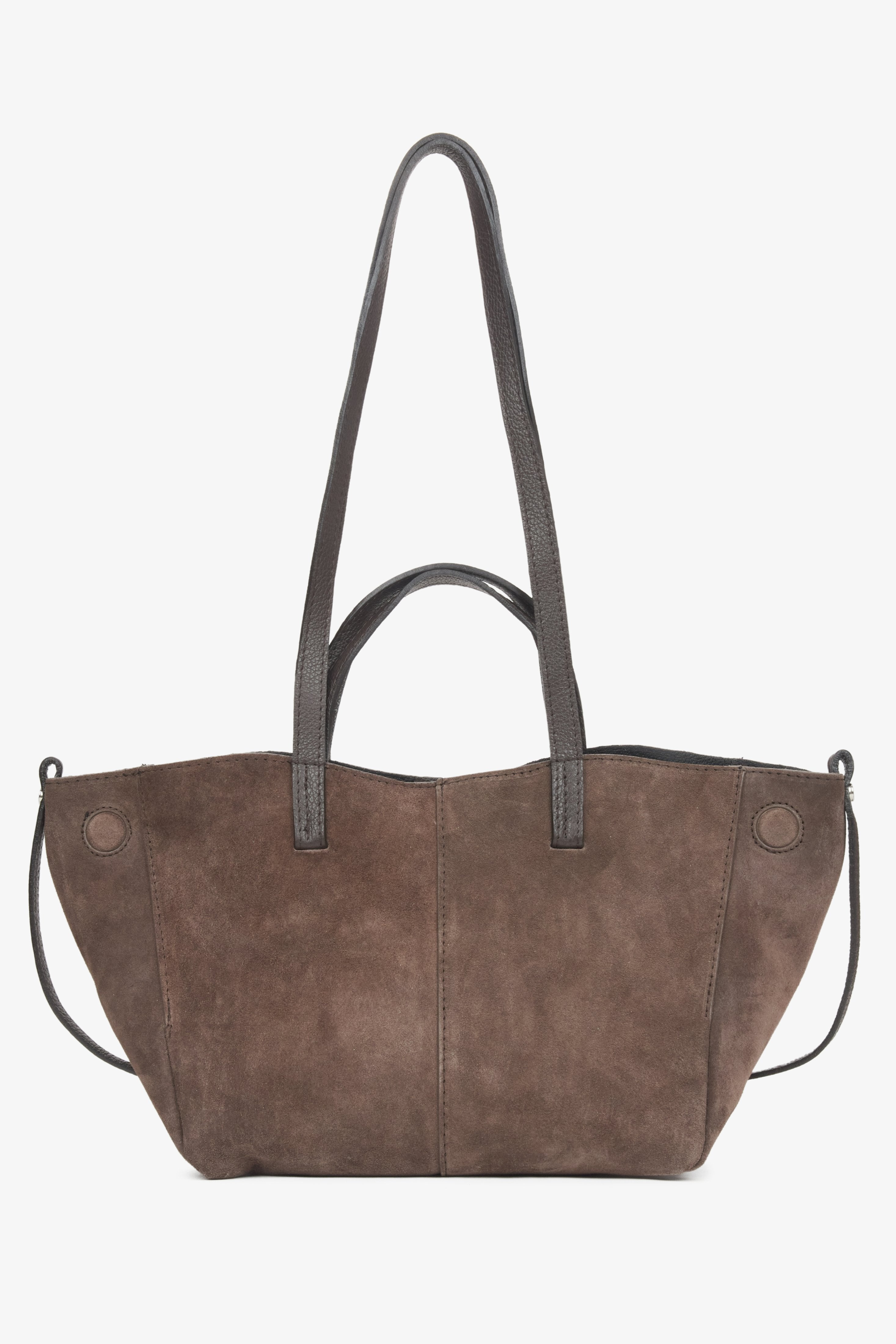 Elegant dark brown women's handbag with long handles, crafted from premium Italian natural velour, from Estro.