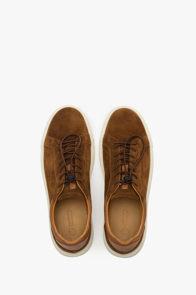 Men's brown velour sneakers by Estro for fall - top view presentation of the footwear.