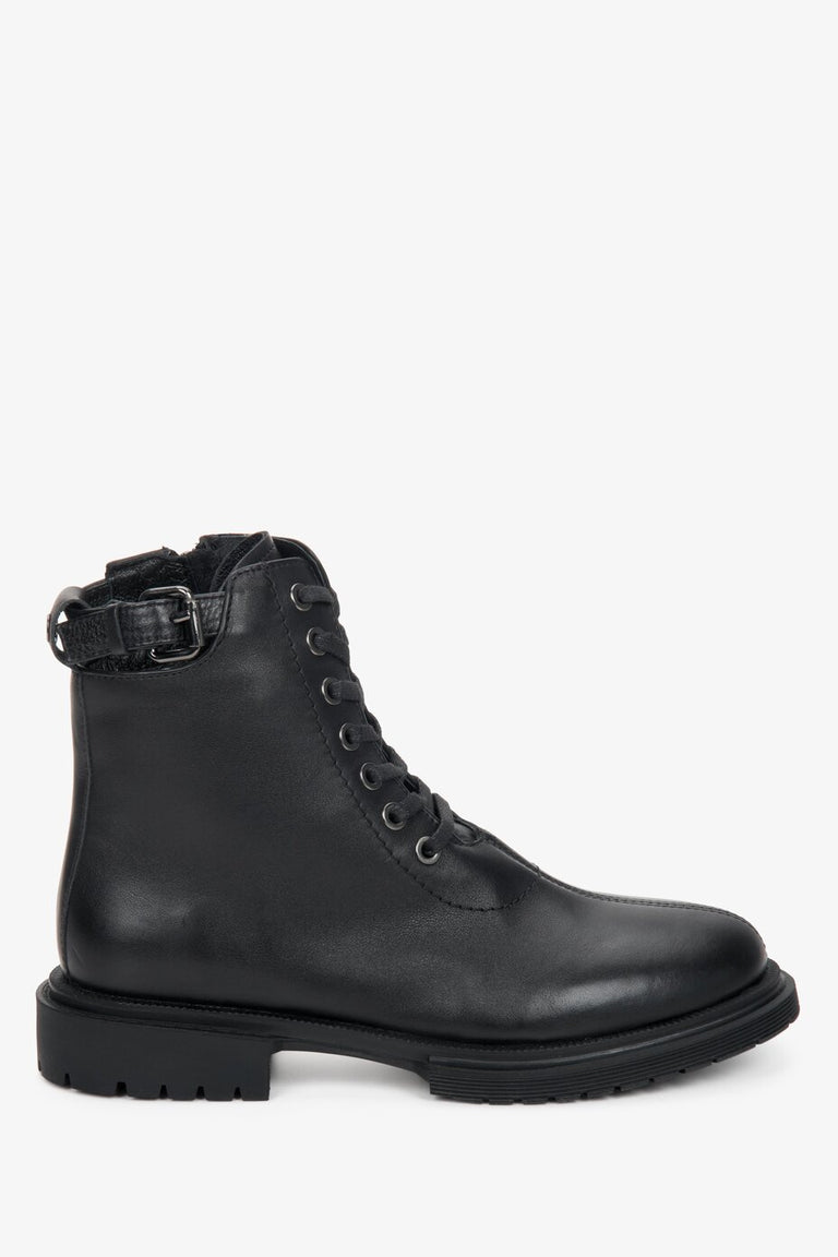 Women's high black genuine leather winter boots by Estro - side view of the boot.