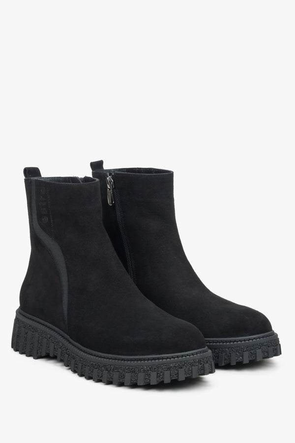 Women's black velour ankle boots.